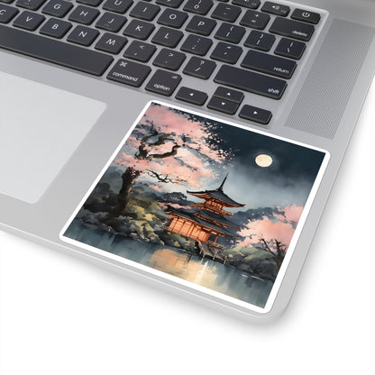 Moonlit Japanese Temple Square Stickers